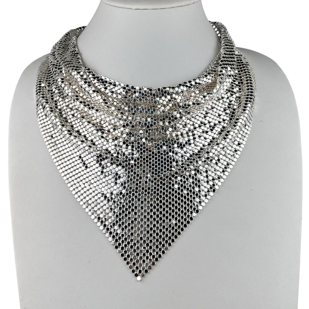 PA CN Silver Tone Shiny Bib Mesh Necklace 17"+